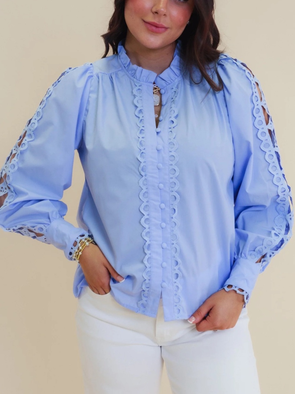 New Periwinkle Blue Crochet Lace Trim Button Front Blouse Ruffle Neck